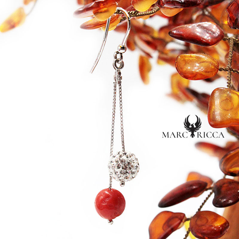 Boucles Argent Chainette Corail & Strass