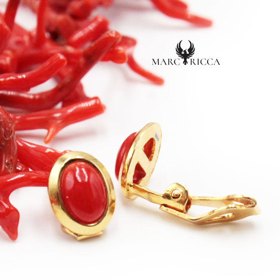 Boucles Argent Clip Cabochon Corail Ovale