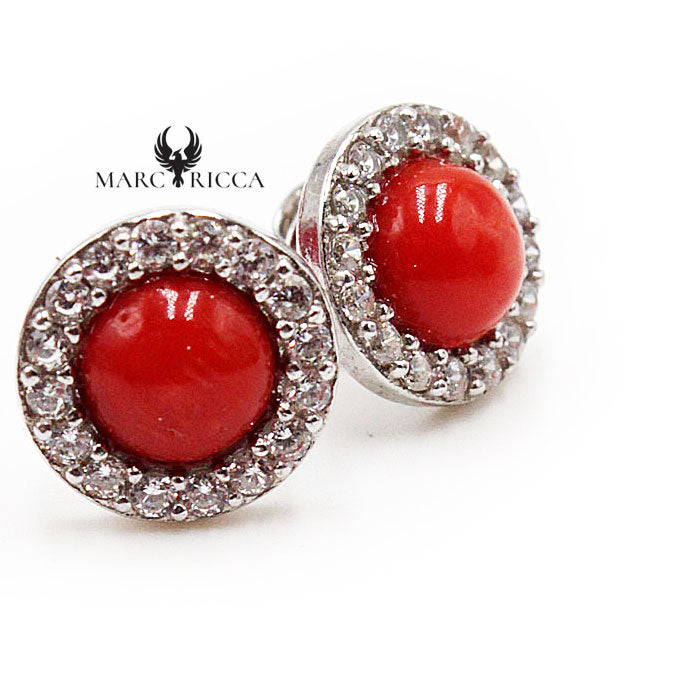 Boucles Argent Rondes Corail Rouge & Zirconium