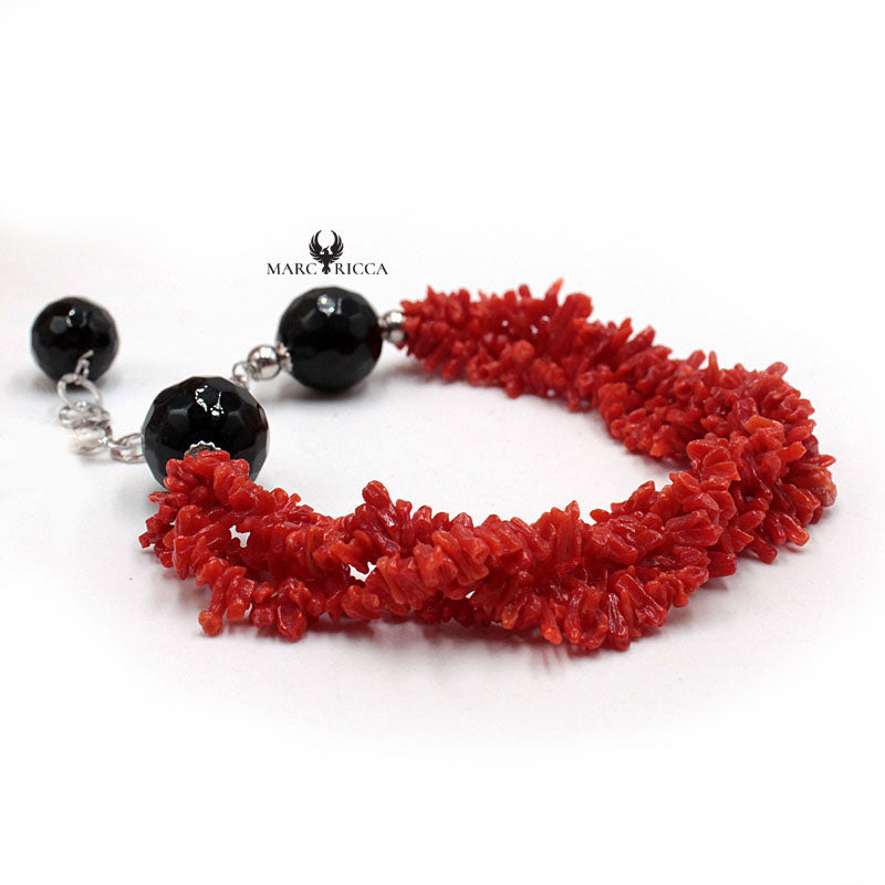 Bracelet Argent Corail Rouge et Onyx