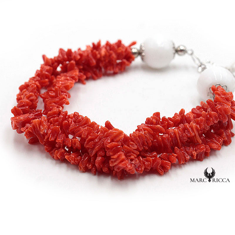 Bracelet Argent Corail Rouge et Agate Blanche