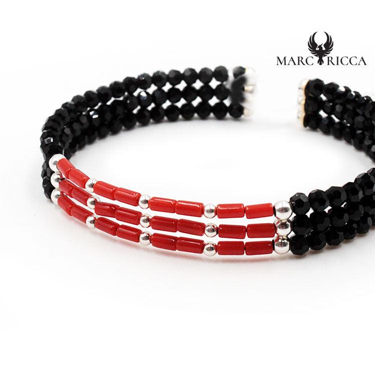 Bracelet Jonc Argent 3 Rangs Cristaux Noirs & Tubes Corail