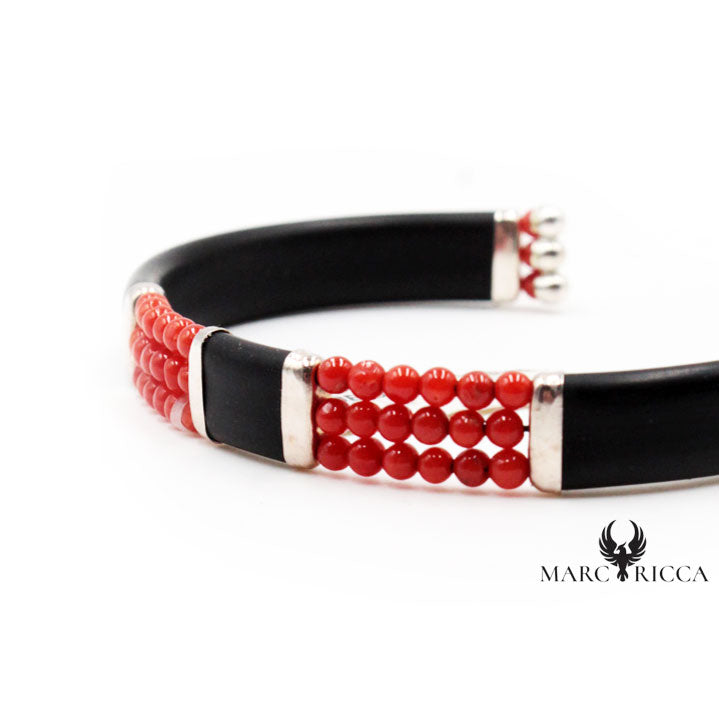 Bracelet Jonc Argent Caoutchouc 3 Rangs de Corail
