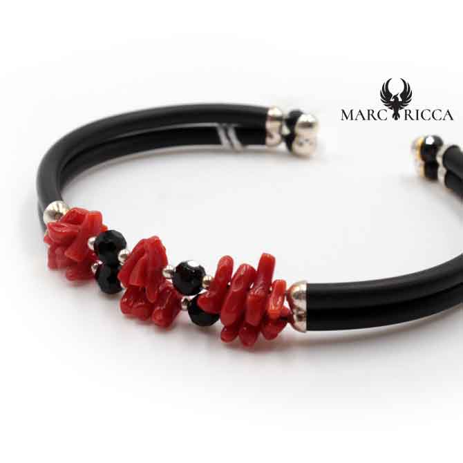 Bracelet Jonc Argent Caoutchouc 2 Rangs de Corail