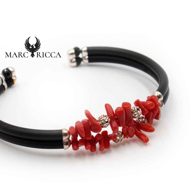 Bracelet Jonc Argent Caoutchouc 2 Rangs de Corail & Argent