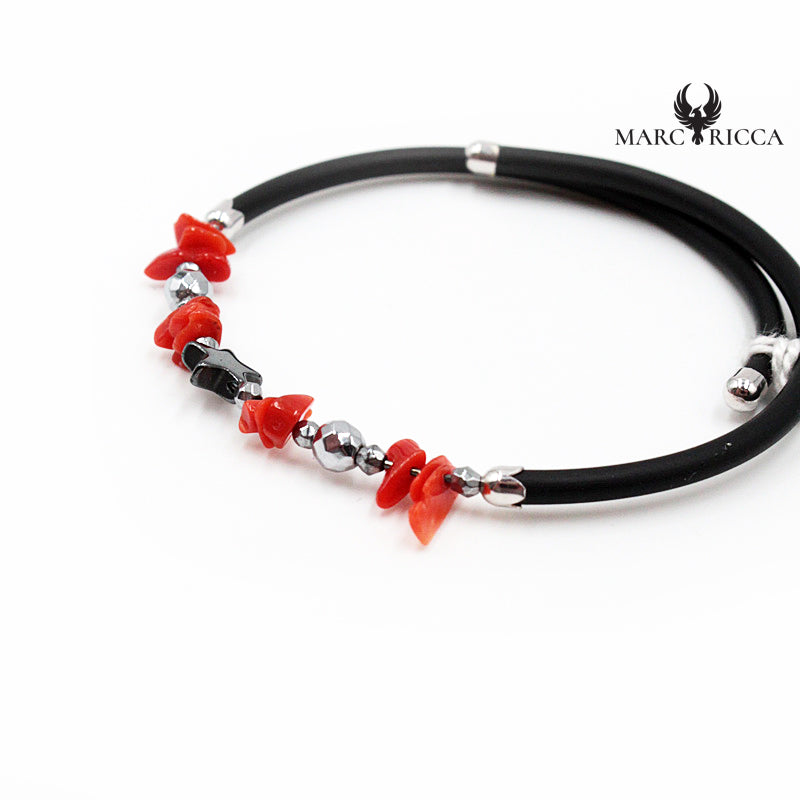 Bracelet Jonc Argent Caoutchouc étoile Hématite & Corail
