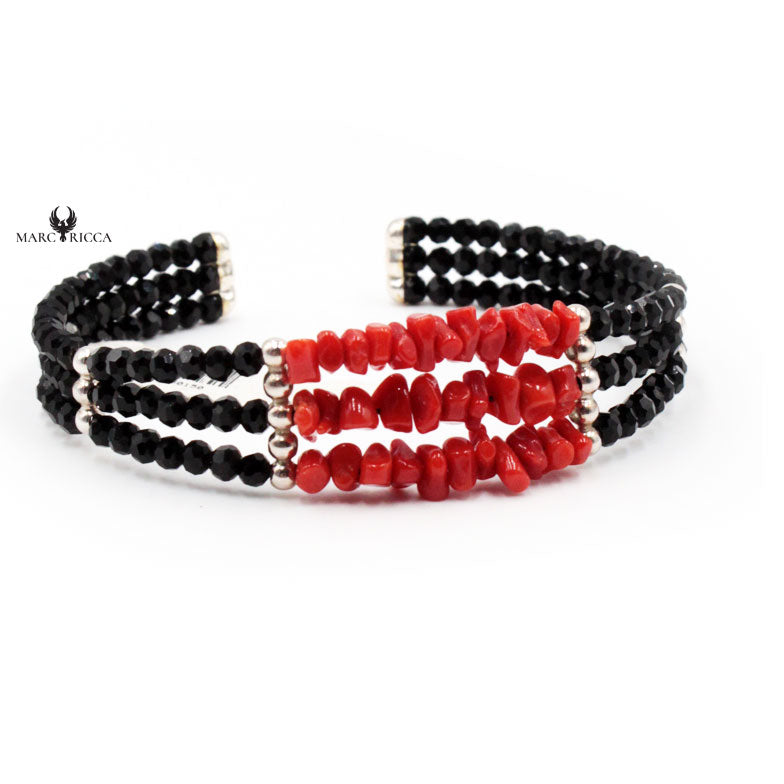 Bracelet Jonc Argent 3 Rangs Cristaux Noirs & Corail