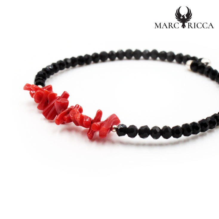 Bracelet Jonc Argent 1 Rangs Cristaux Noirs & Corail