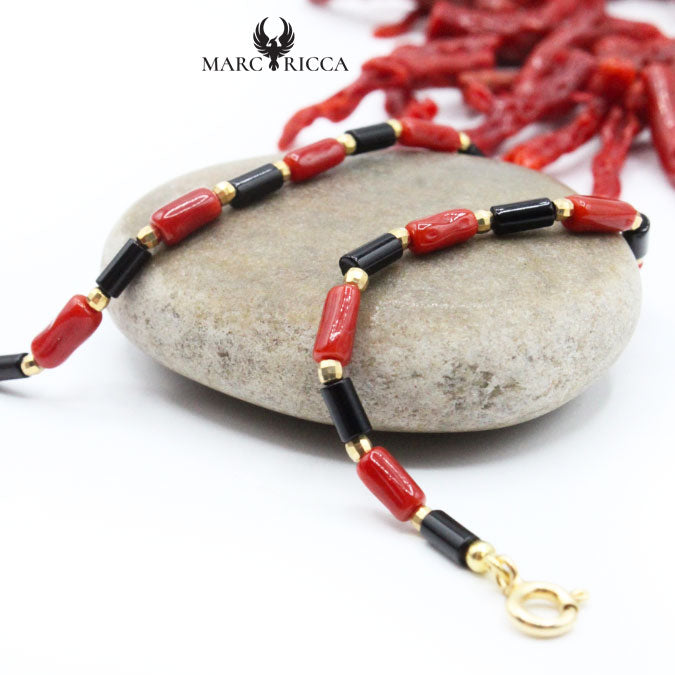 Bracelet Argent Tubes de Corail Rouge et Cristal Noir Vermeil