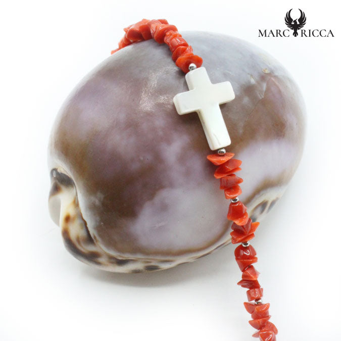 Bracelet Argent Corail Rouge Cupolino et Croix Nacre