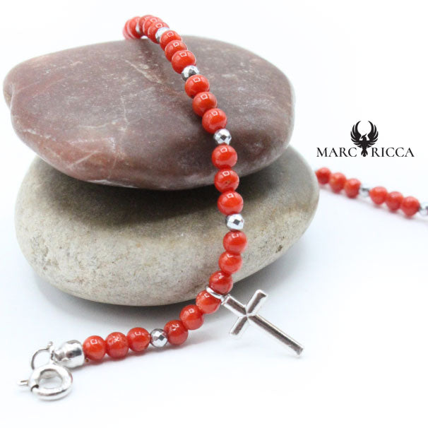 Bracelet Argent Corail Rouge et Croix