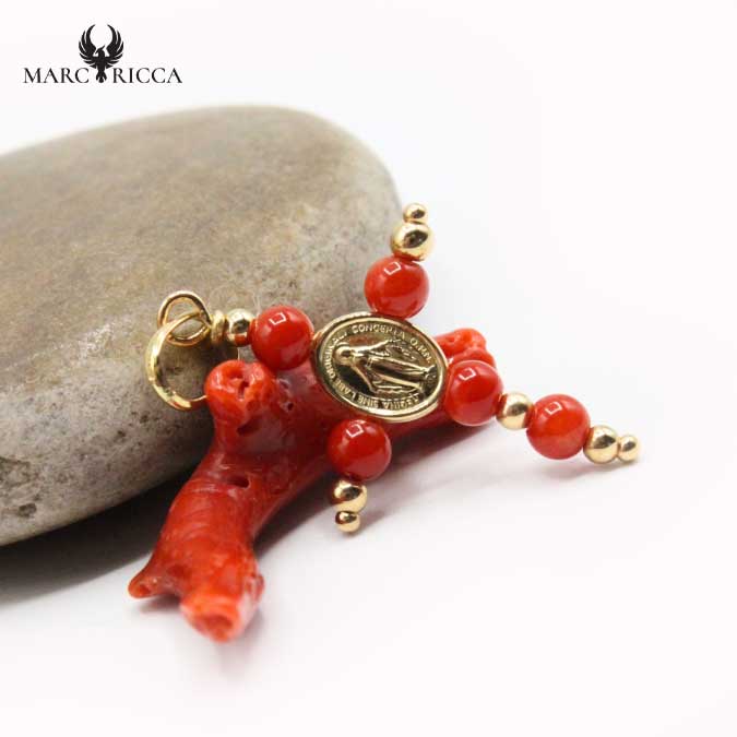 Pendentif Argent Croix en Corail avec Miraculeuse Vermeil