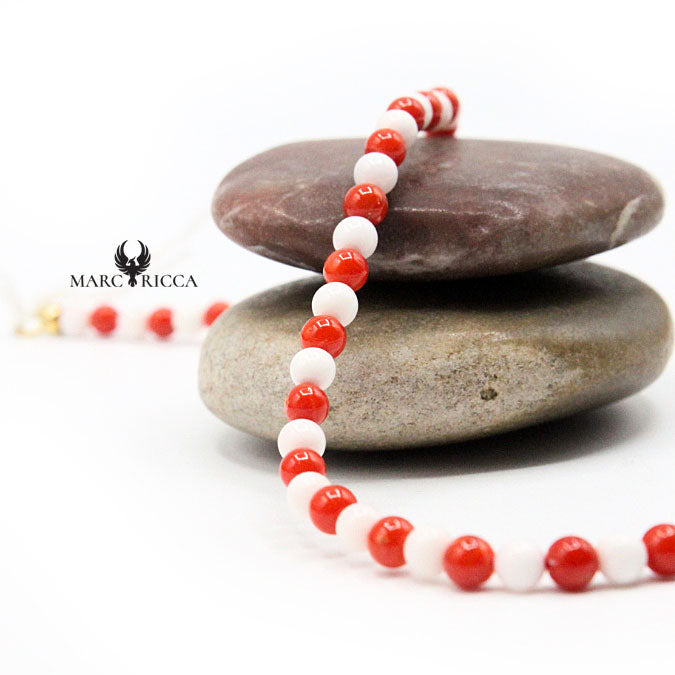 Bracelet Argent Perles de Corail Rouge et Blanc