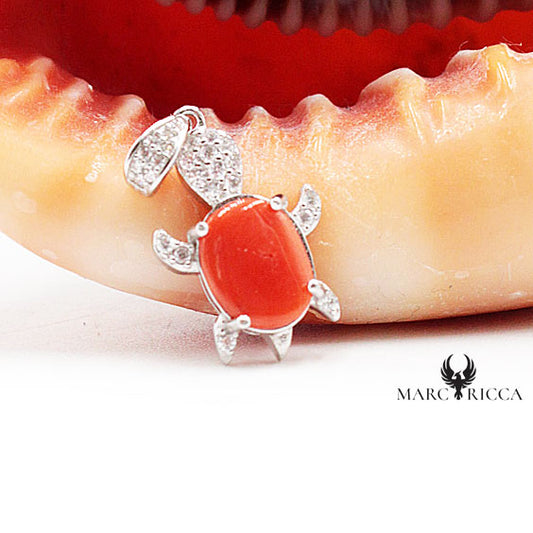 Pendentif Argent Tortue en Corail et Strass