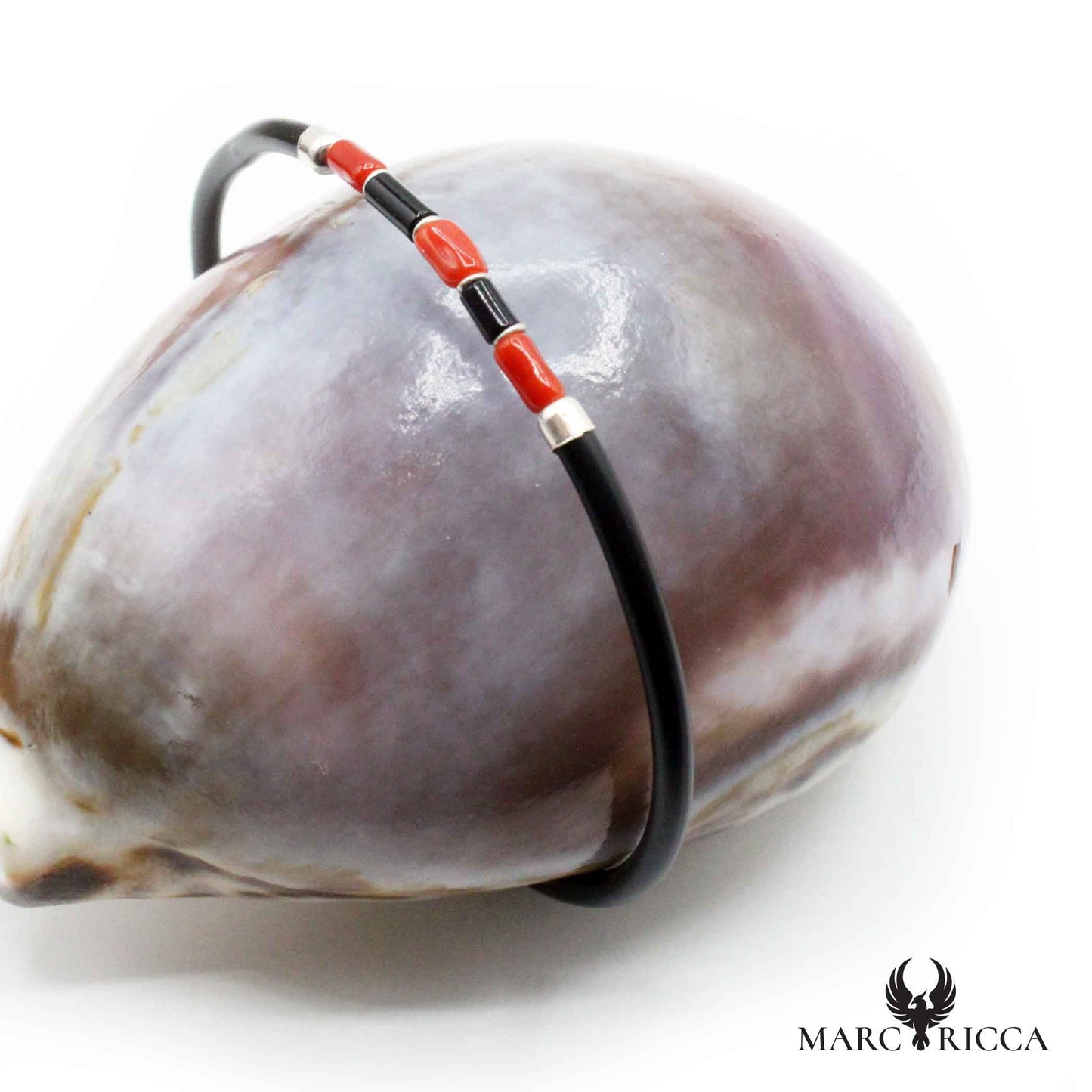 Bracelet Jonc Argent Caoutchouc 1 Rangs Tubes de Corail