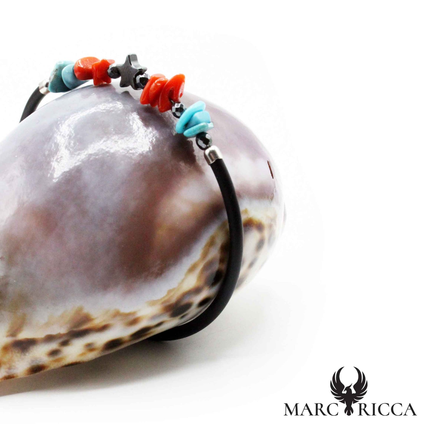 Bracelet Argent Caoutchouc Etoile Hématite,Turquoise & Corail
