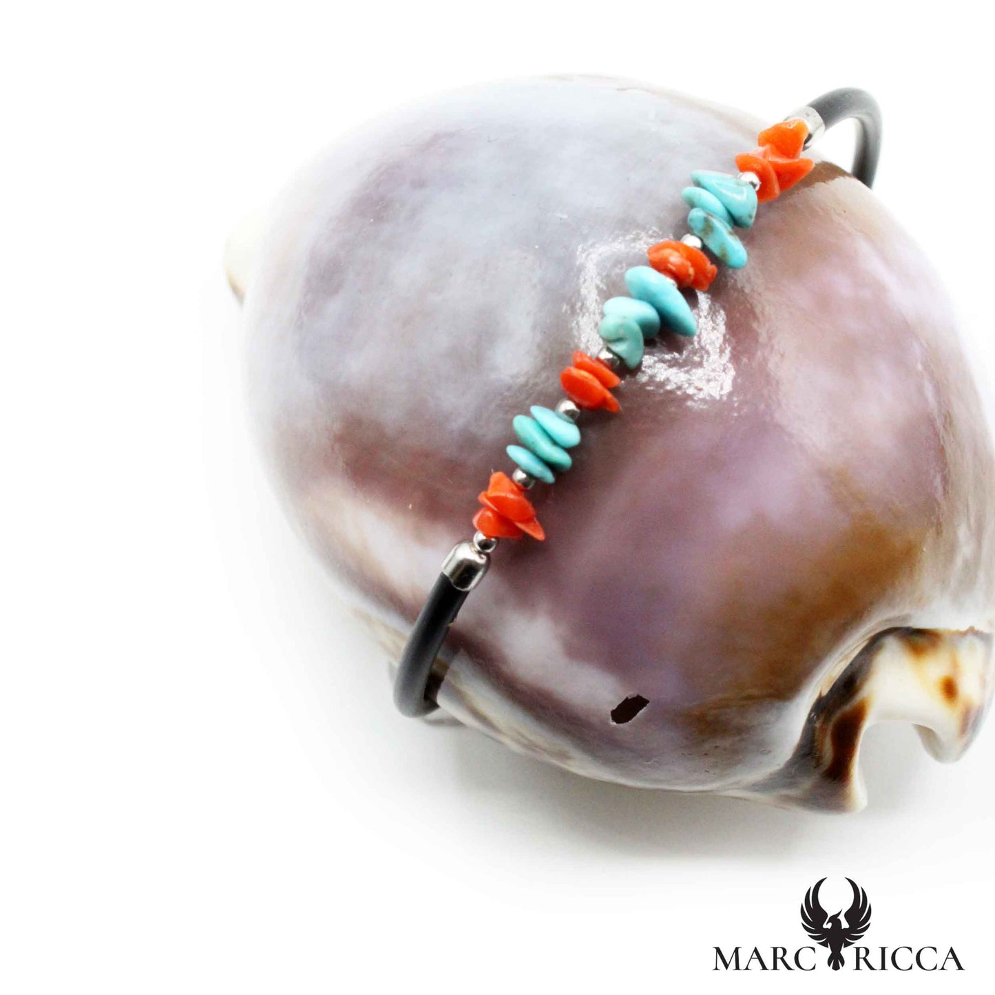 Bracelet Argent Caoutchouc 1 Rang Turquoise & Corail