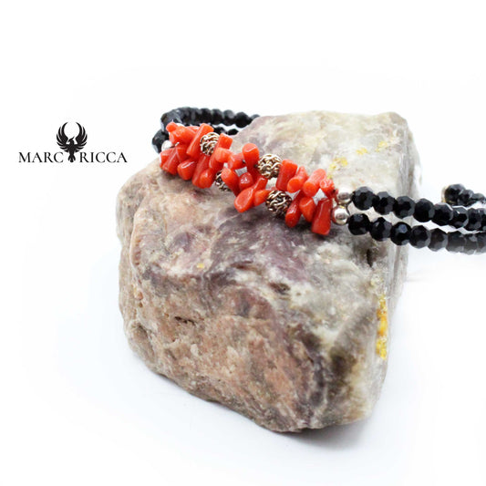 Bracelet Jonc Argent 2 Rangs Cristaux Noirs & Corail