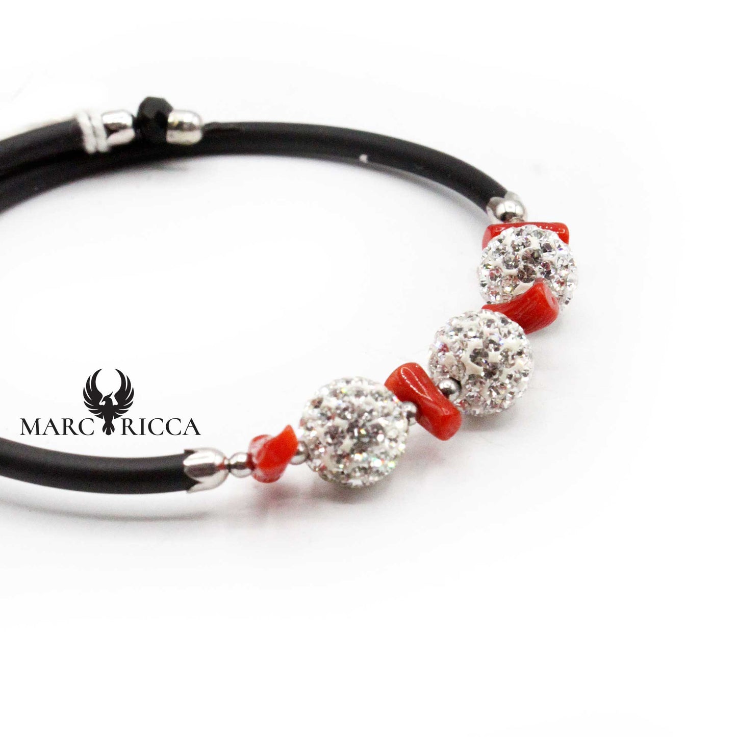 Bracelet Jonc Argent Caoutchouc 3 Strass & Corail