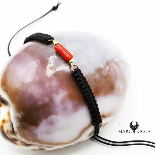 Bracelet Argent Cordon Macramé & Tube en Corail