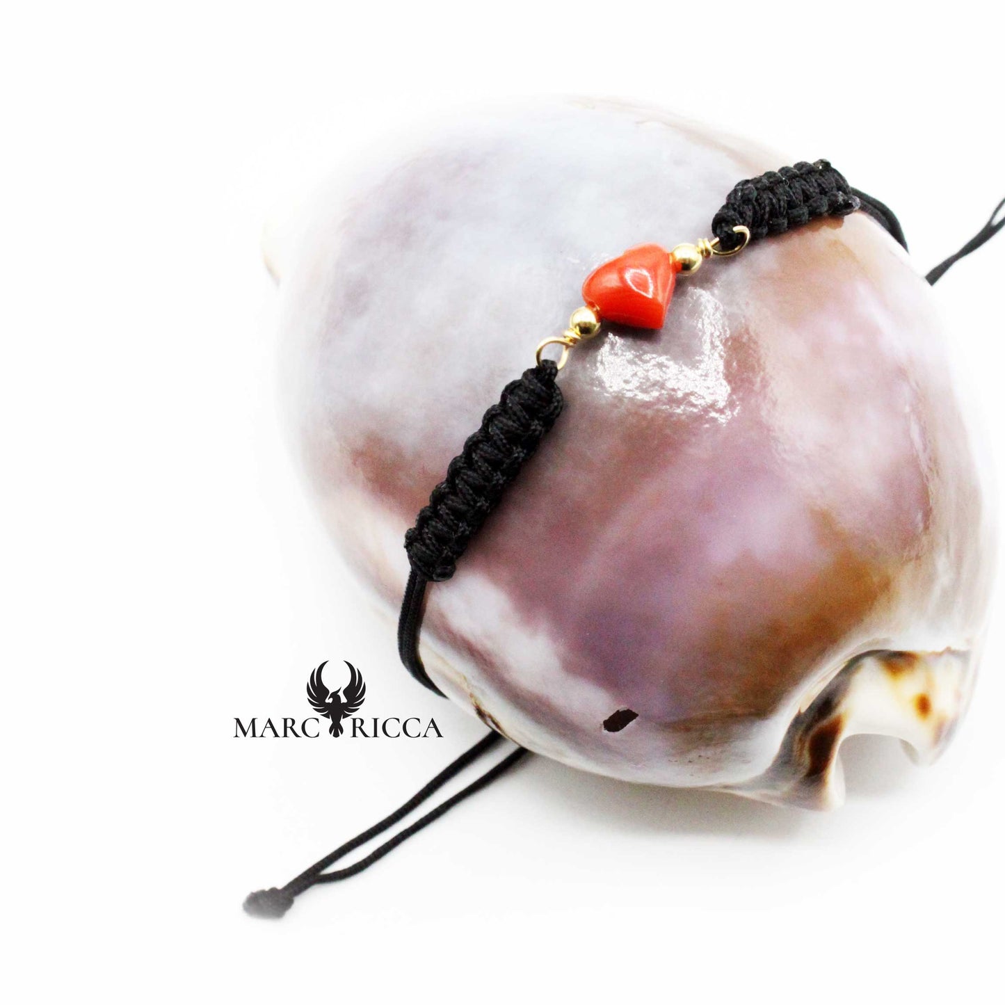 Bracelet Argent Cordon Macramé & Cœur en Corail