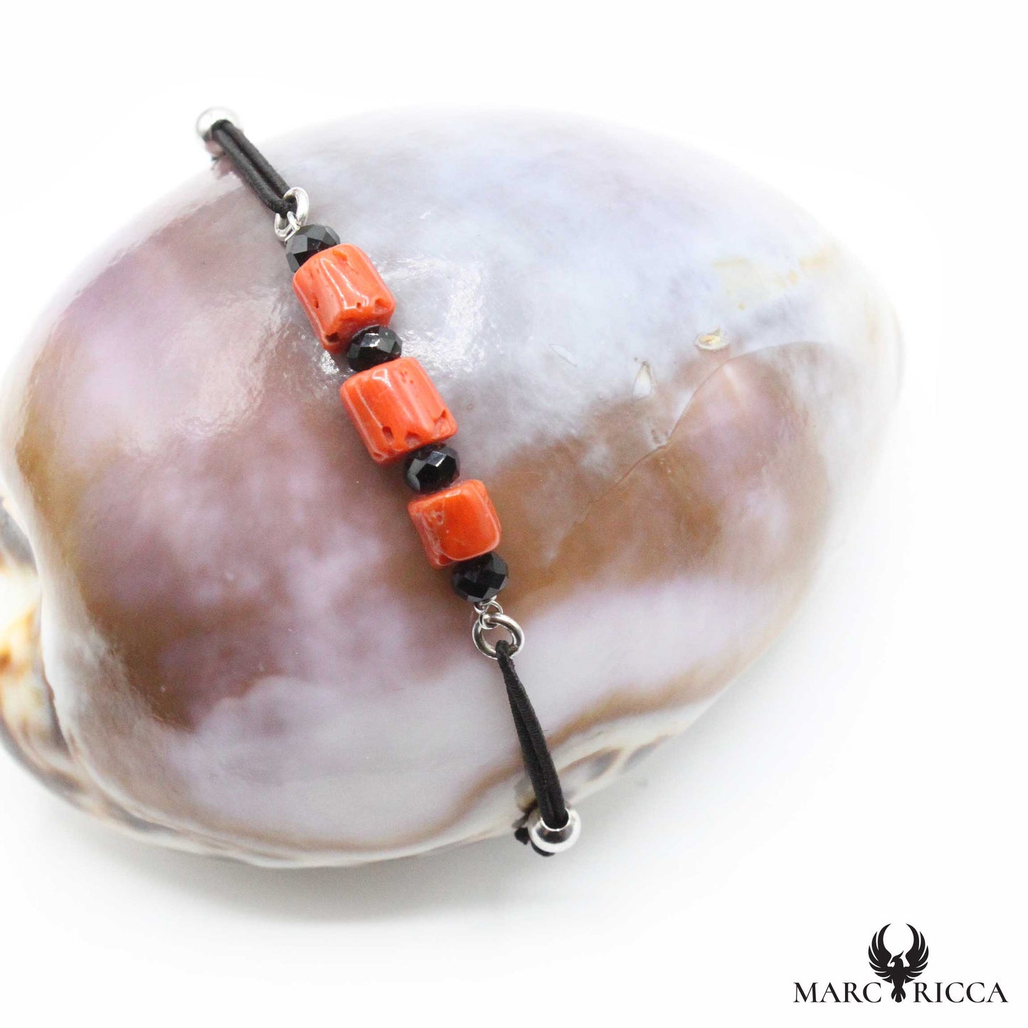Bracelet Argent Cordon Corail & Cristal Noir