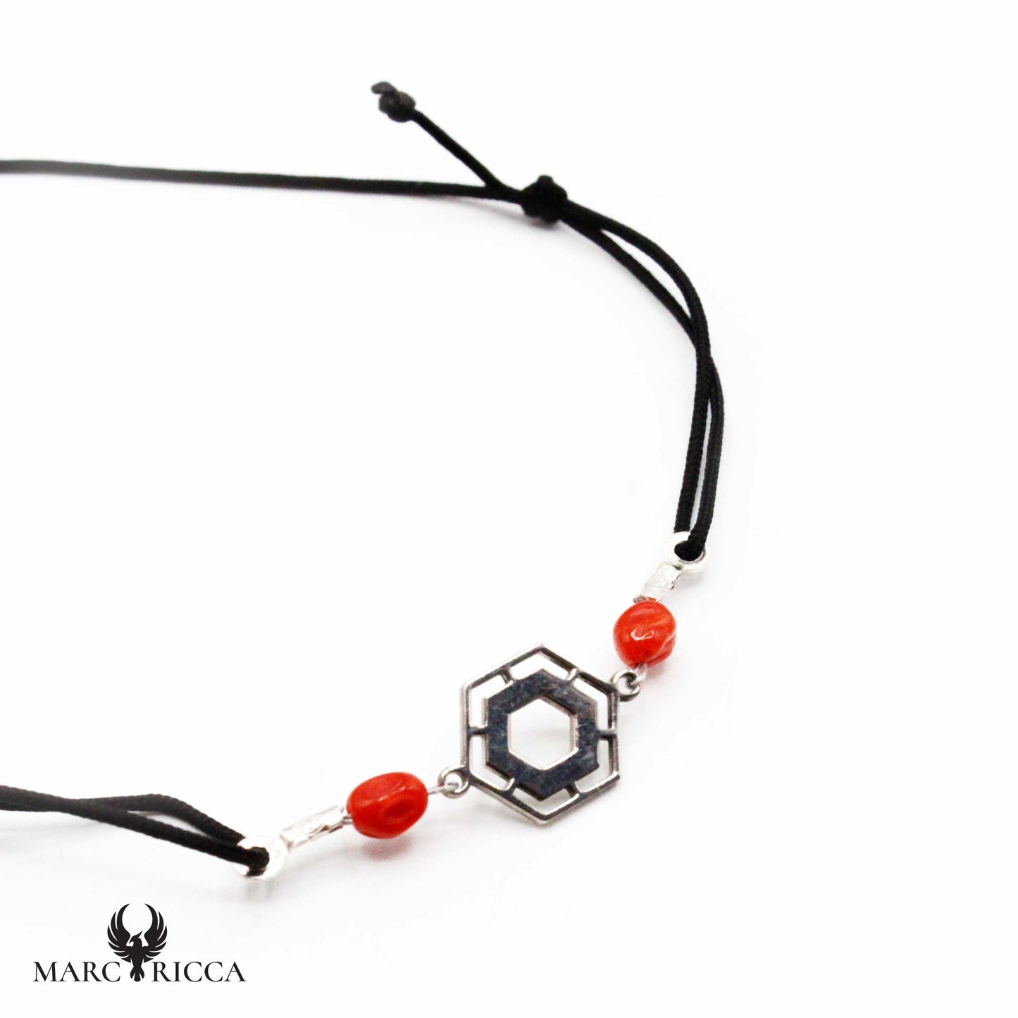 Bracelet Cordon Argent Corail & Hexagone