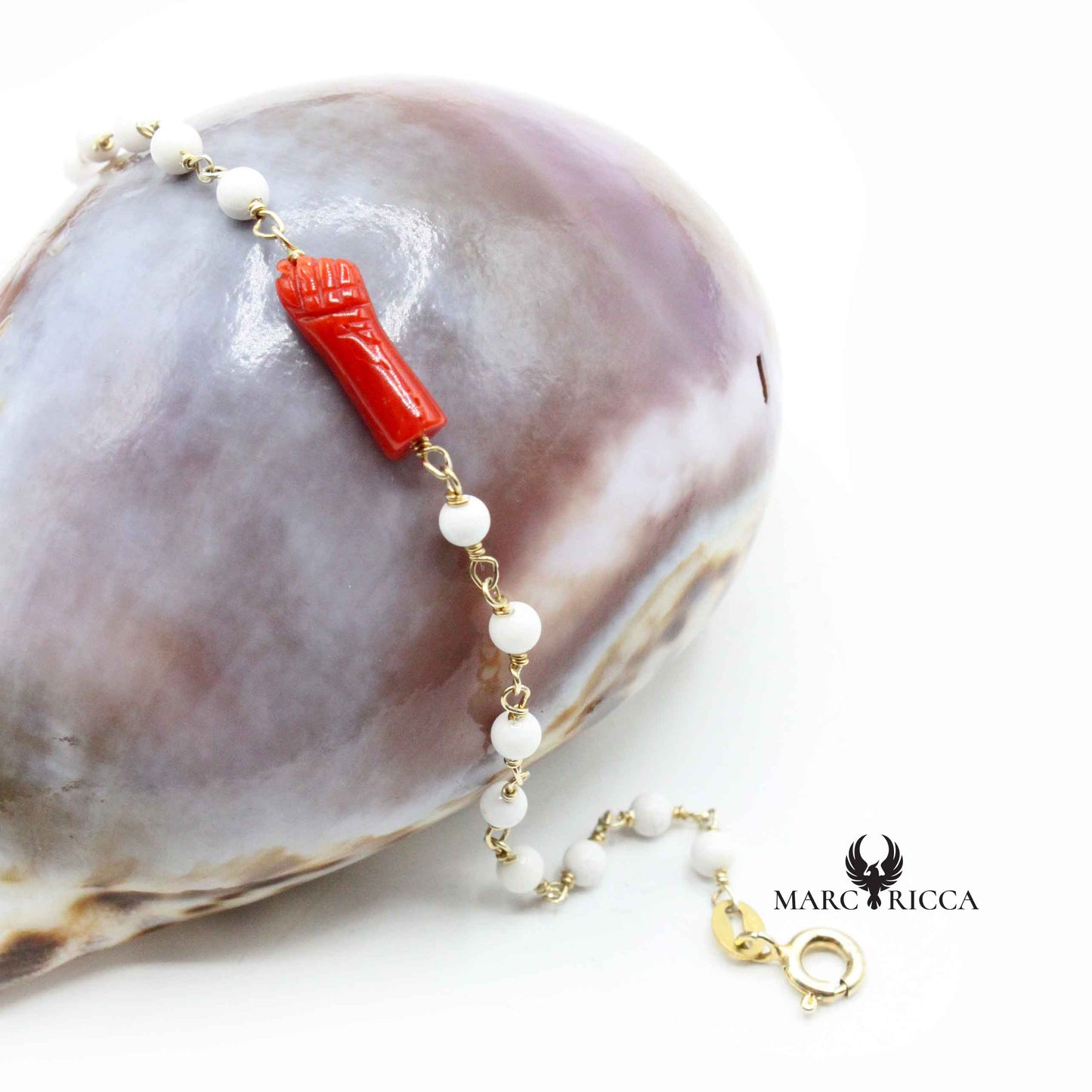 Bracelet Argent Chainette Main en Corail Rouge Vermeil