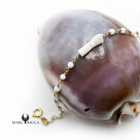 Bracelet Argent Chainette Main en Corail Blanc Vermeil