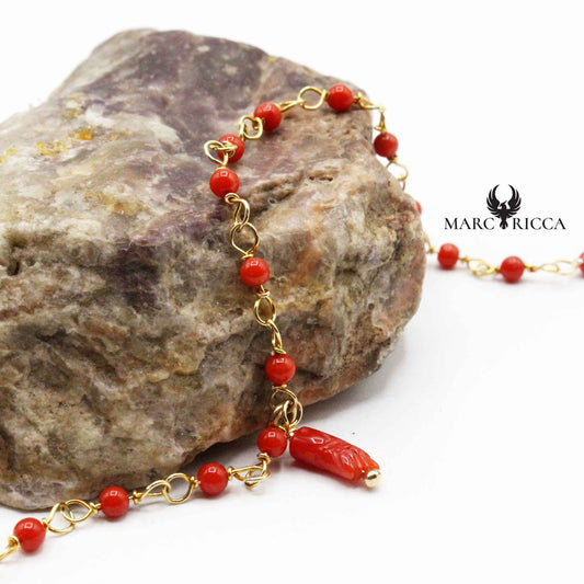 Bracelet Argent Chainette Main en Corail Rouge Vermeil