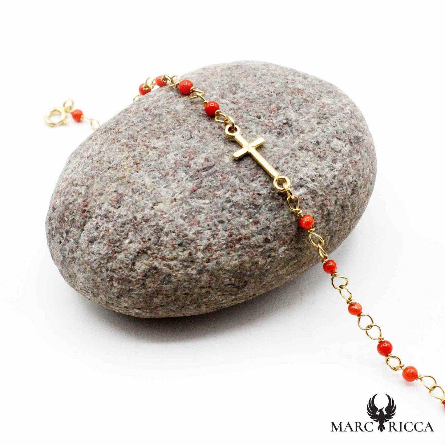 Bracelet Argent Chainette Croix & Corail Rouge