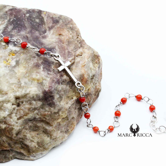 Bracelet Argent Chainette Croix & Corail Rouge