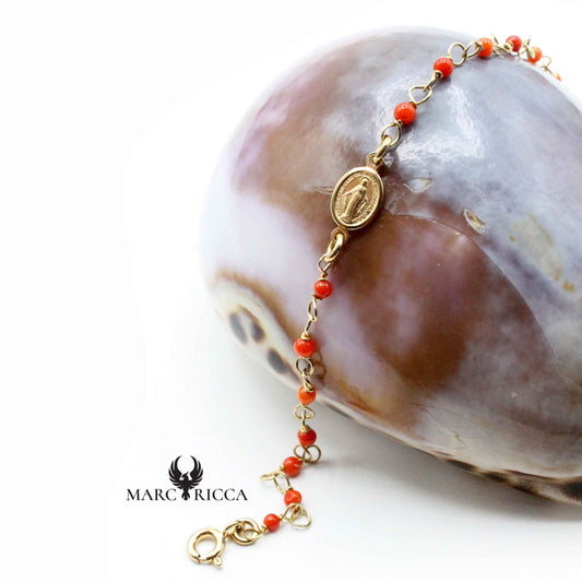 Bracelet Argent Chainette Corail Rouge & Madone