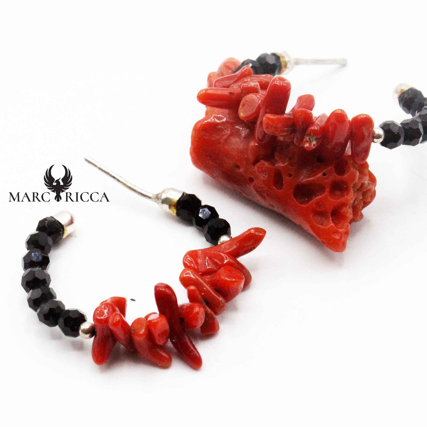 Boucles Argent Créole Ouverte Corail Cupolino & Cristaux Noirs