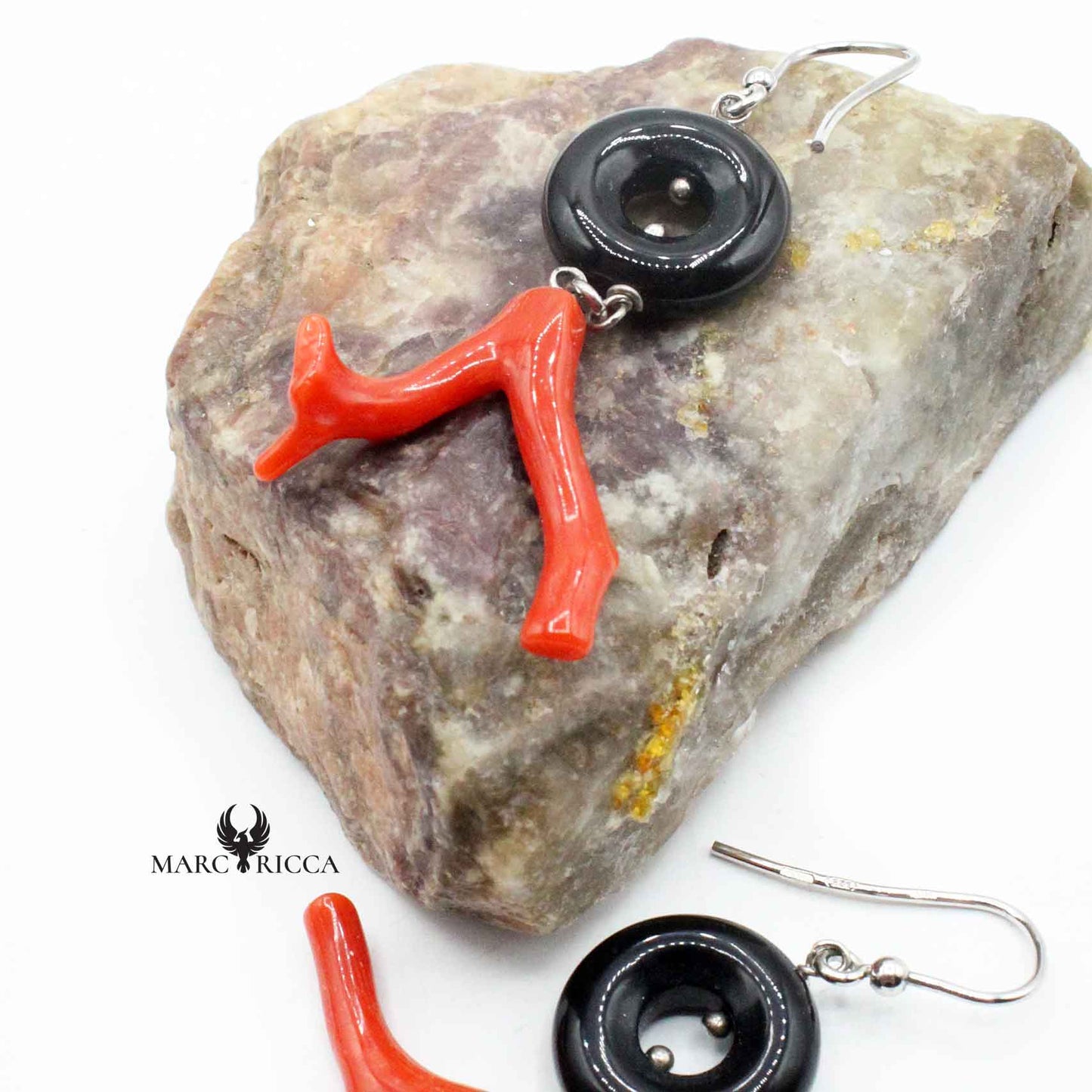 Boucles Argent Branche de Corail & Onyx