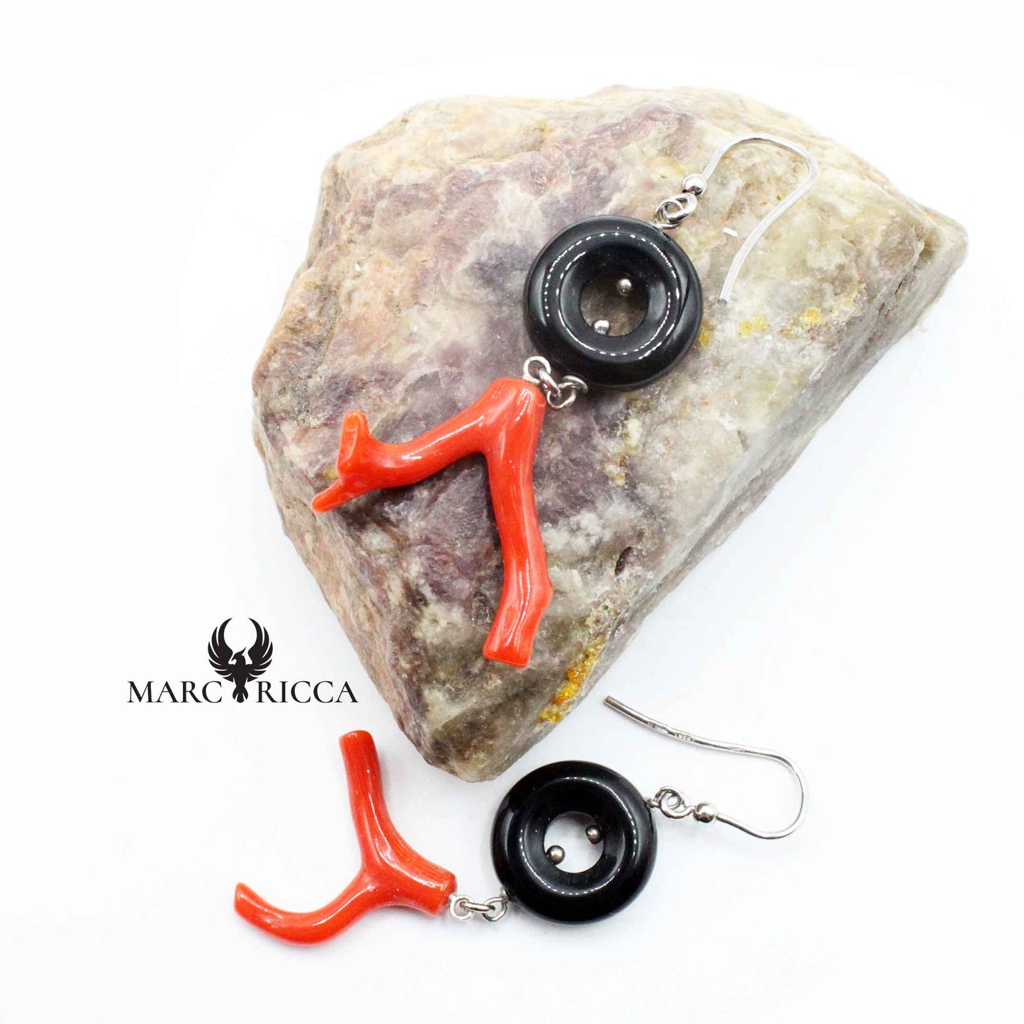 Boucles Argent Branche de Corail & Onyx