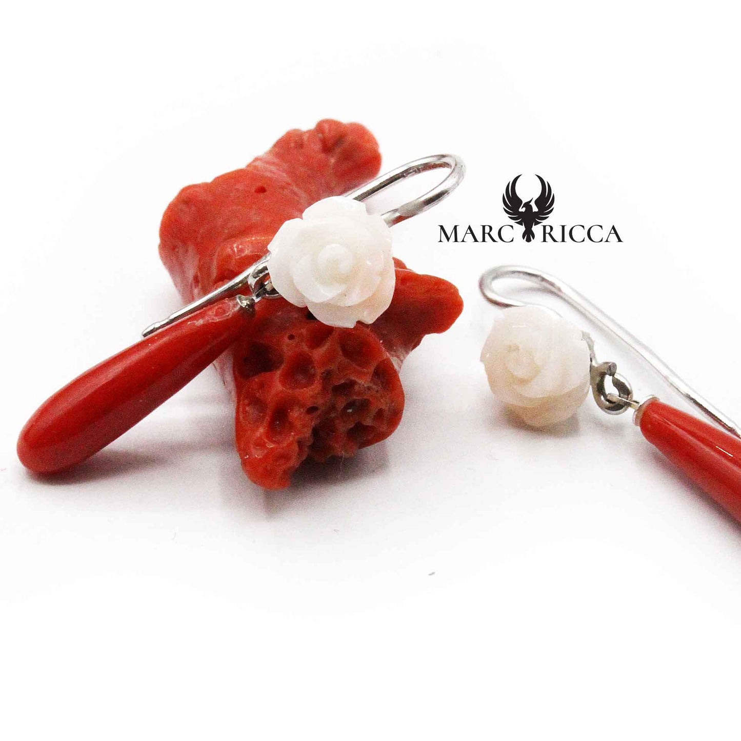 Boucles Argent Goutte Corail & Rose Blanche