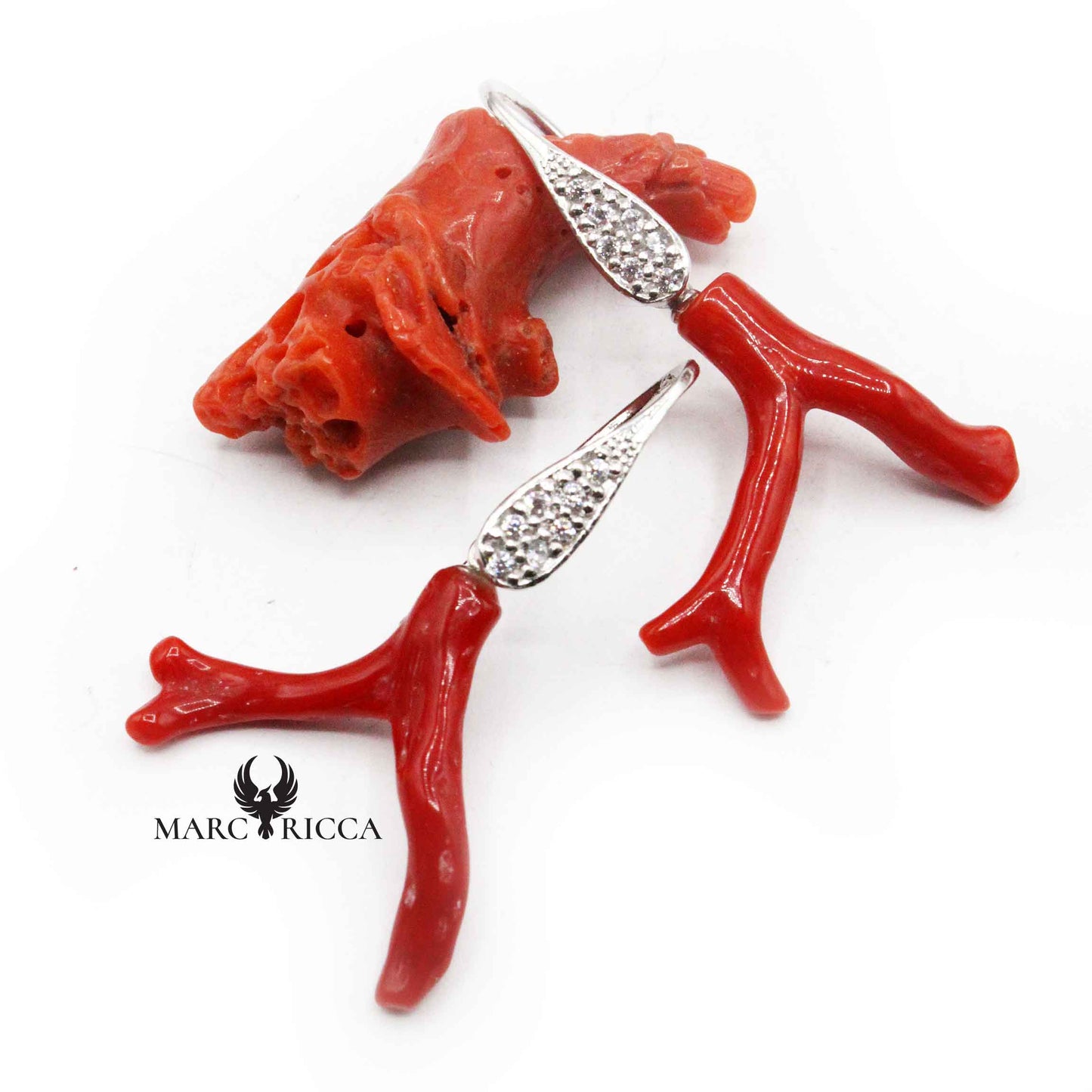 Boucles Argent Strass Branches en Corail