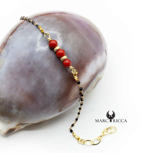 Bracelet Argent Chainette 3 Perles de Corail Rouge Vermeil