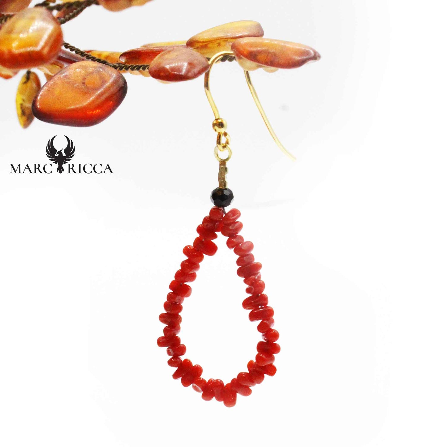 Boucles Argent Corail Goutte & Perle de Cristal Noir