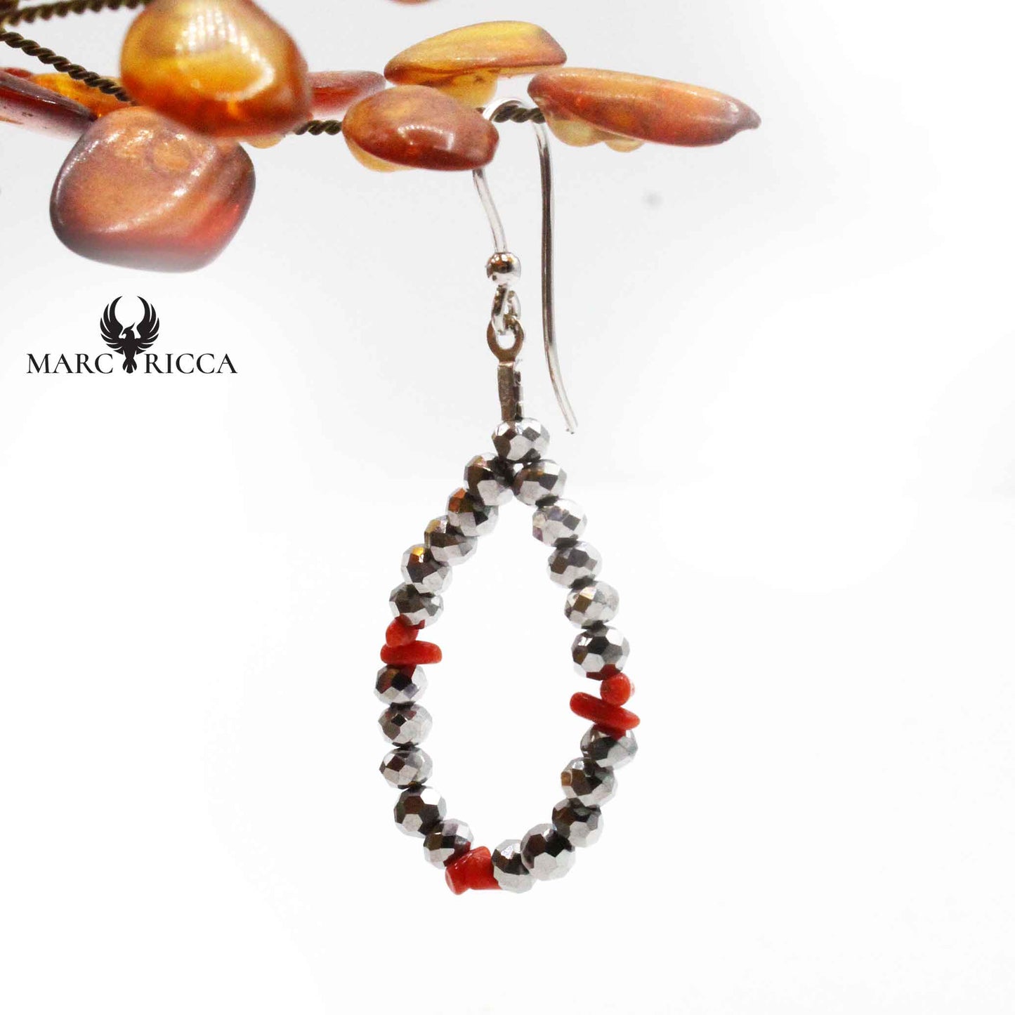 Boucles Argent Corail & Cristal Gris Goutte