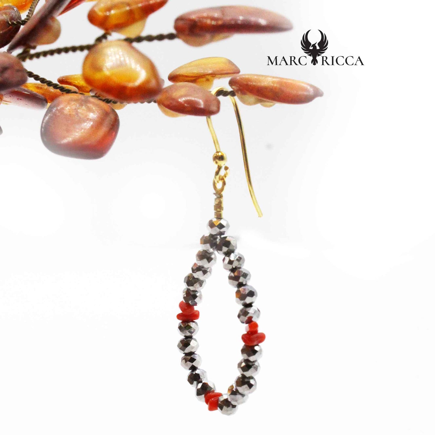 Boucles Argent Corail & Cristal Gris Goutte