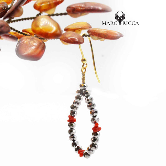 Boucles Argent Corail & Cristal Gris Goutte