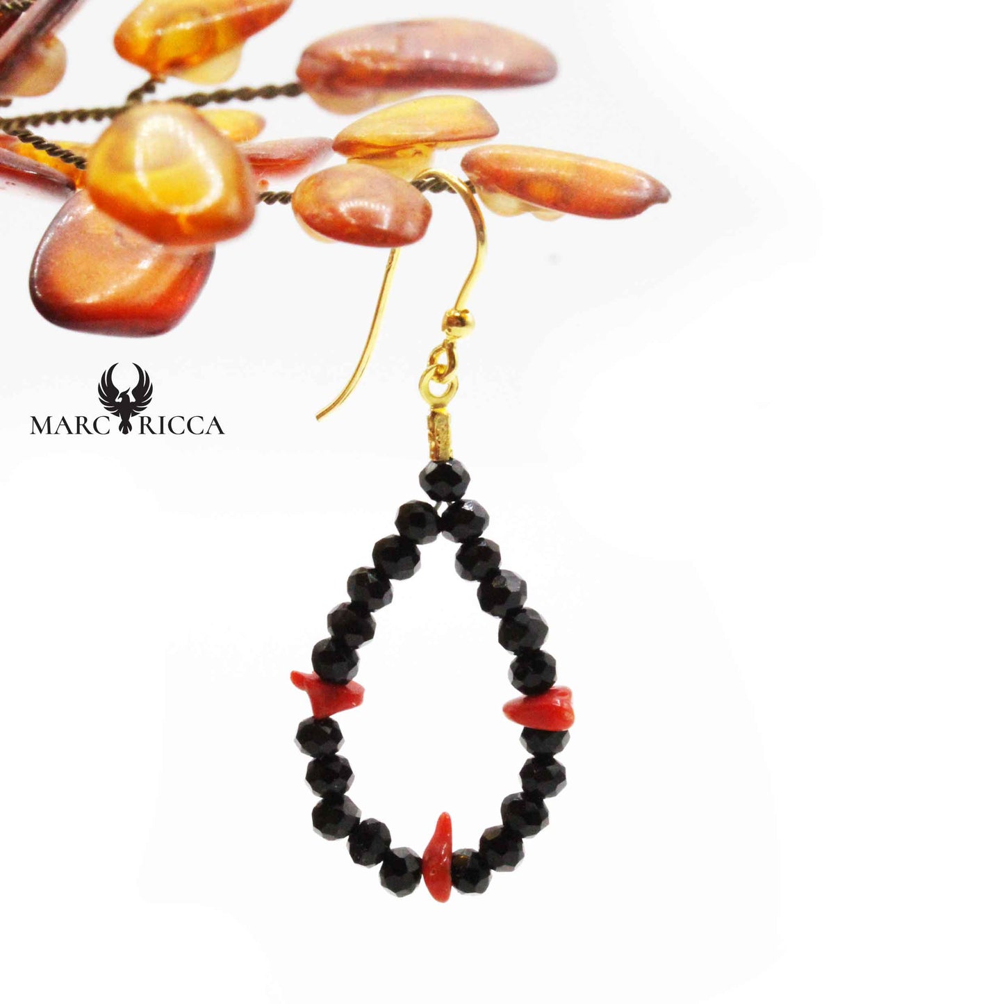 Boucles Argent Corail & Cristal Noir Goutte