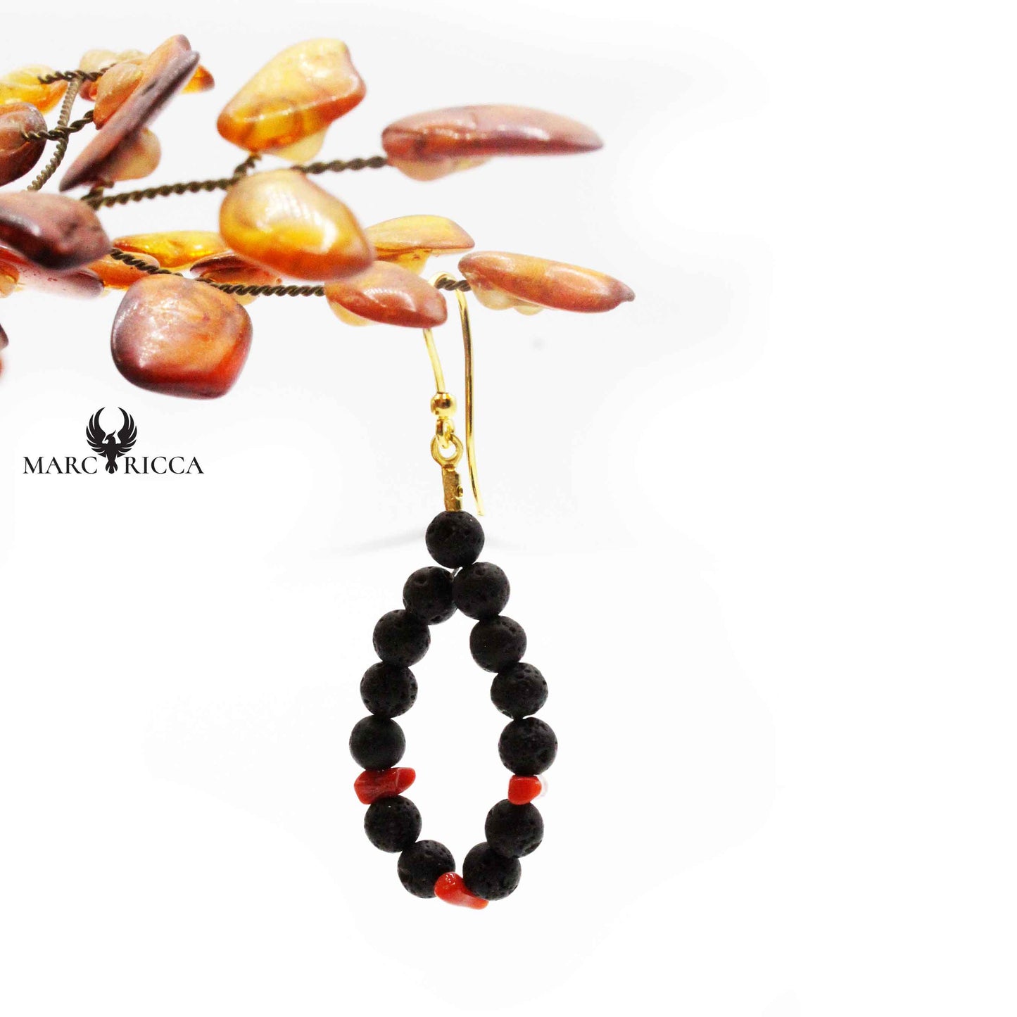 Boucles Argent Corail & Pierre de Lave Goutte