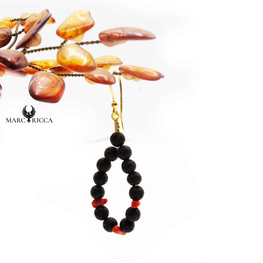 Boucles Argent Corail & Pierre de Lave Goutte