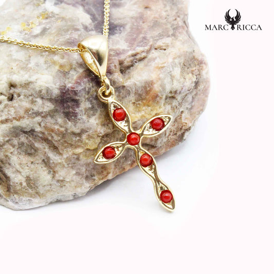 Pendentif Argent Croix Corail