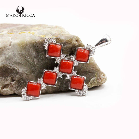 Pendentif Argent Croix en Corail et Strass