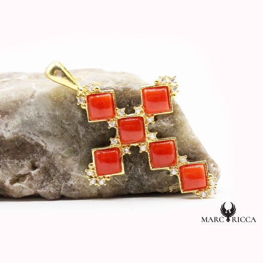 Pendentif Argent Croix en Corail et Strass