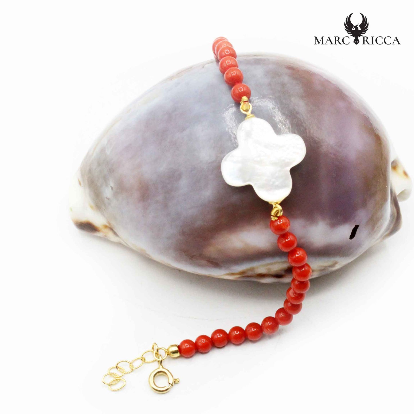 Bracelet Argent Perles Corail Rouge et Croix Nacre Blanche